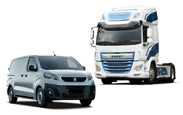 Image of DAF electric truck and Peugeot van
