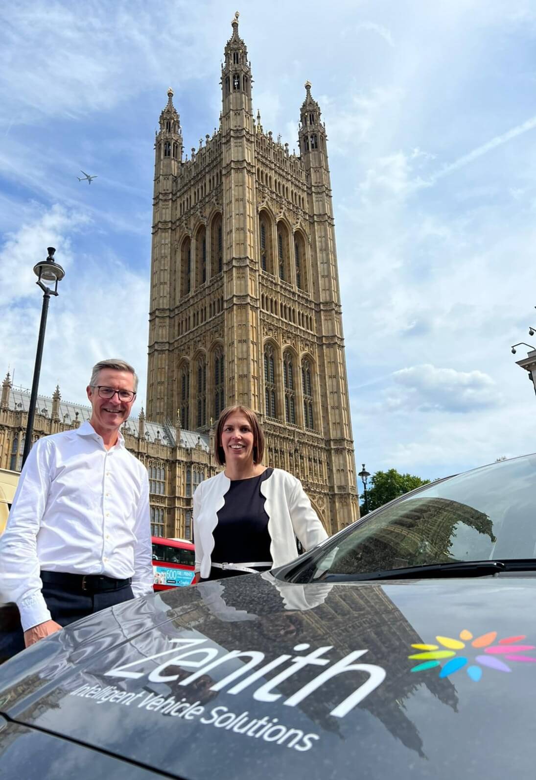 #SeeTheBenefit campaign vehicle parked outside of Westminster with Ian Hughes, CEO - Corporate division and Claire Evans, fleet consultancy director