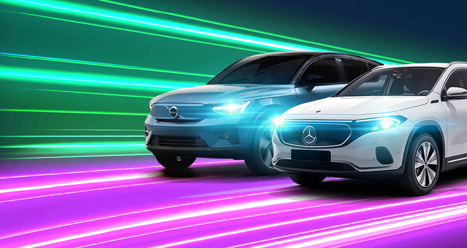 2 cars on a neon electric graphical background representing Zenith's salary sacrifice employer zone