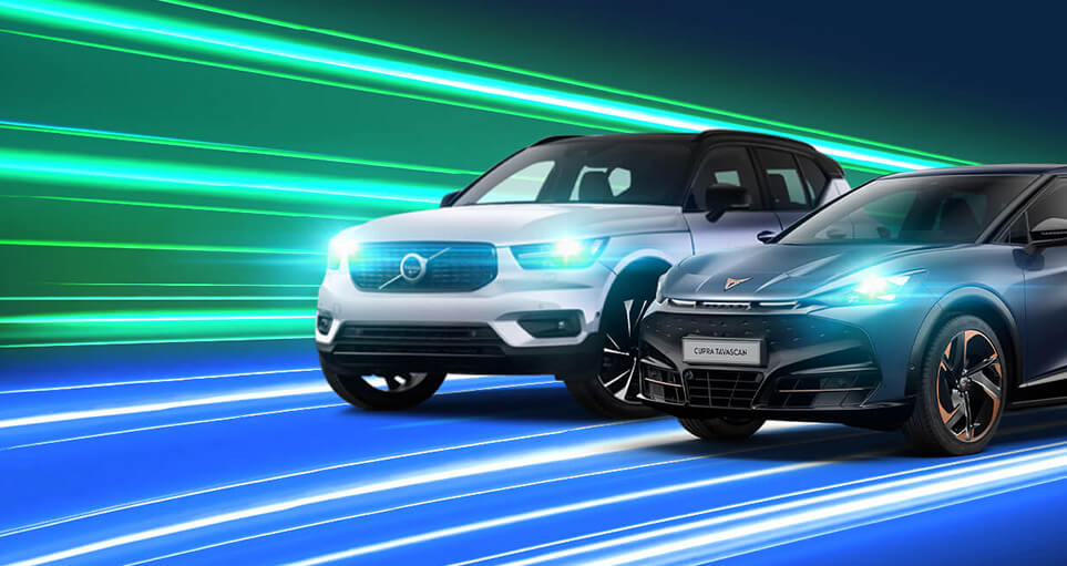 2 cars on a neon electric graphical background representing Zenith's salary sacrifice employee zone