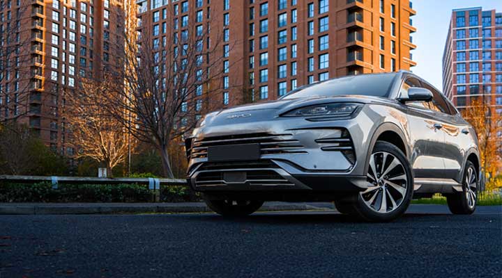 BYD parked next to urban city