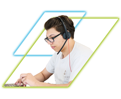 staff helping a customer using headset.