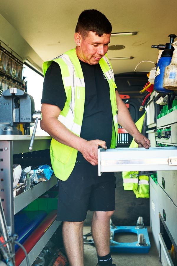 person working in the van