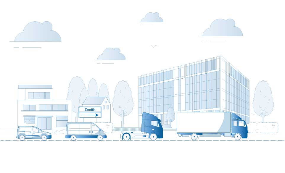 Illustration showing Zenith building and vehicles.