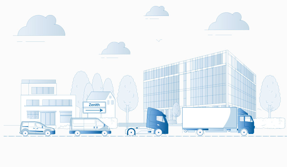 Illustration showing Zenith building and vehicles.